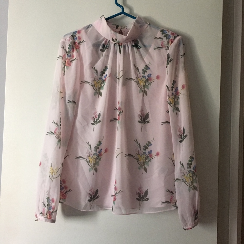 Ted Baker Pale Pink Floral Sheer Long-Sleeve Blouse